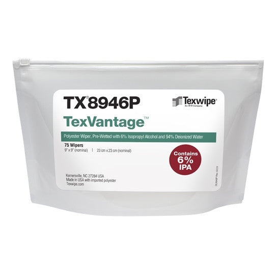 SOS Cleanroom Texwipe TX8946P TexVantage 9" x 9" Polyester Cleanroom Wiper Pre-Wetted 6% IPA (Case Qty.) - Case