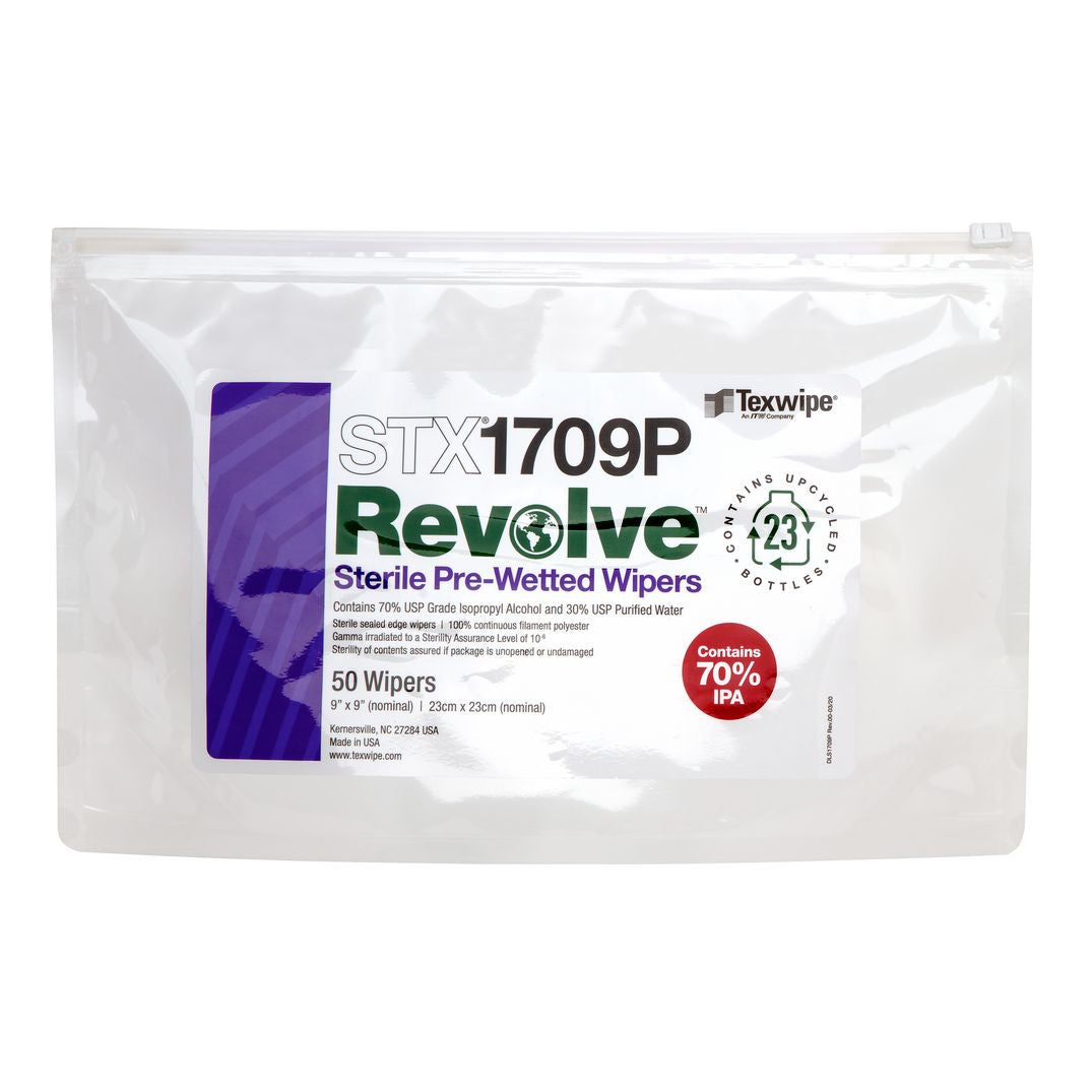 SOS Cleanroom Texwipe STX1709P Sterile Revolve 9" x 9" Upcycled Polyester Cleanroom Wiper Pre-Wetted 70% IPA (Case Qty.) - Case