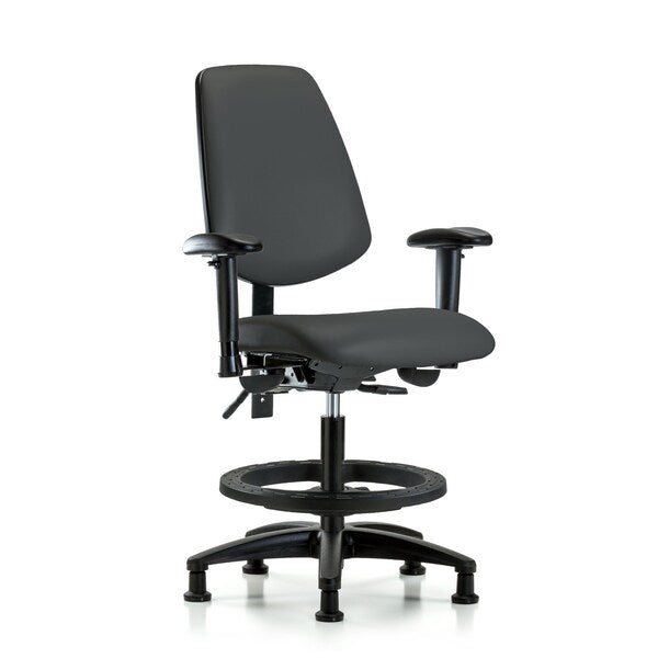 Blue Ridge Ergonomics VMBCH-MB-RG-T0-A1-BF-RG-8605 Rutledge Vinyl Chair - Medium Bench Height with Medium Back, Adjustable Arms, Black Foot Ring, & Stationary Glides in Charcoal Trailblazer™ Vinyl