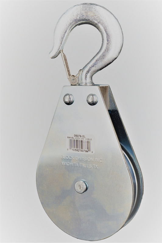 Block Division 05078-SL 5″ Swivel Hook Pulley Block, Steel Latch, 3/8″ Cable