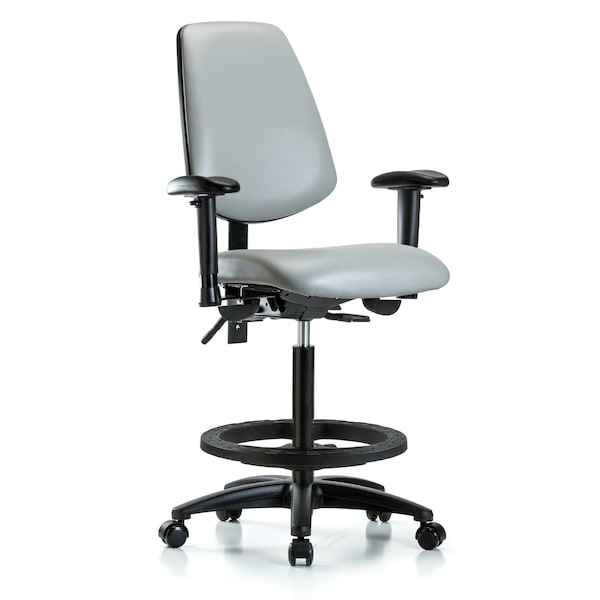 Blue Ridge Ergonomics VHBCH-MB-RG-T1-A1-BF-RC-8567 Rutledge Vinyl Chair - High Bench Height with Medium Back, Seat Tilt, Adjustable Arms, Black Foot Ring, & Casters in Dove Trailblazer™ Vinyl