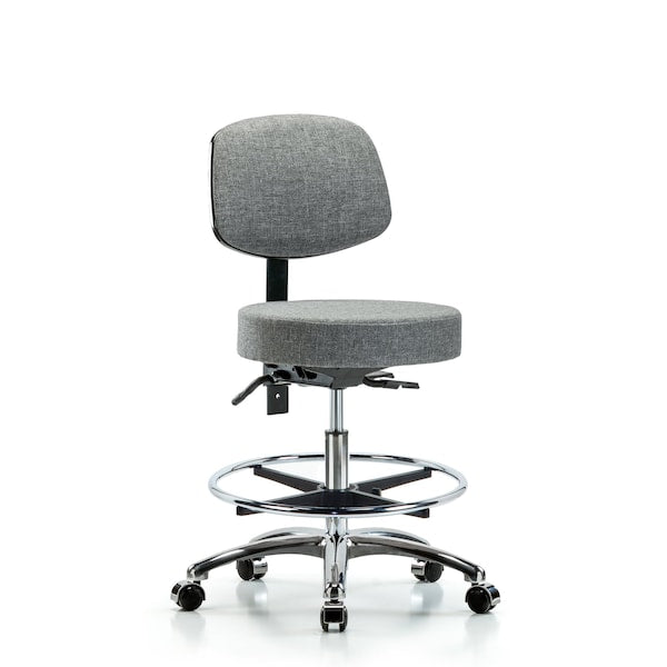 Blue Ridge Ergonomics FMBST-CR-T1-CF-CC-F44 Rutledge Fabric Stool with Back Chrome - Medium Bench Height with Seat Tilt, Chrome Foot Ring, & Casters in Gray Fabric