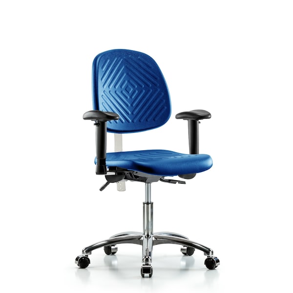 Blue Ridge Ergonomics NCR-PDHCH-MB-CR-T1-A1-CC-BLU Class 100 Polyurethane Clean Room Chair - Desk Height with Medium Back, Seat Tilt, Adjustable Arms, & Casters in Blue Polyurethane
