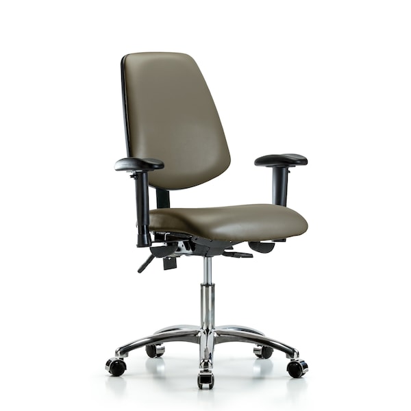 Blue Ridge Ergonomics VDHCH-MB-CR-T1-A1-CC-8809 Rutledge Vinyl Chair Chrome - Desk Height with Medium Back, Seat Tilt, Adjustable Arms, & Casters in Taupe Supernova™ Vinyl