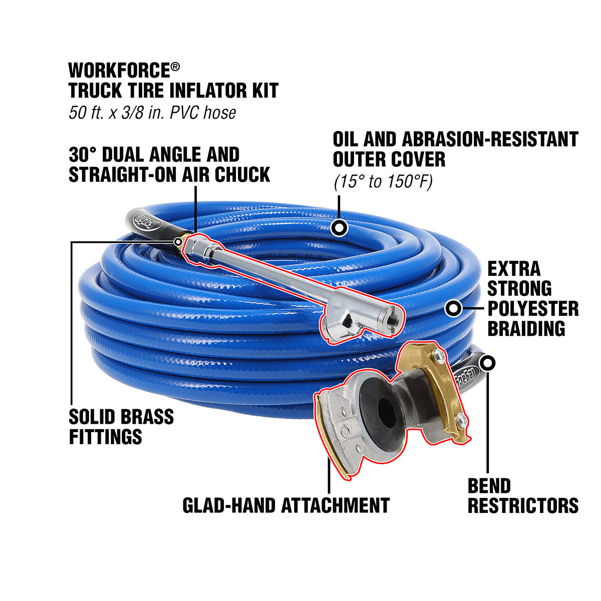 Workforce HGH2 Truck Tire Inflator Kit, 3-Piece, 3/8" x 50' PVC Hose, Glad-Hand Attachment, 30° Dual Angle and Straight-On Air Chuck