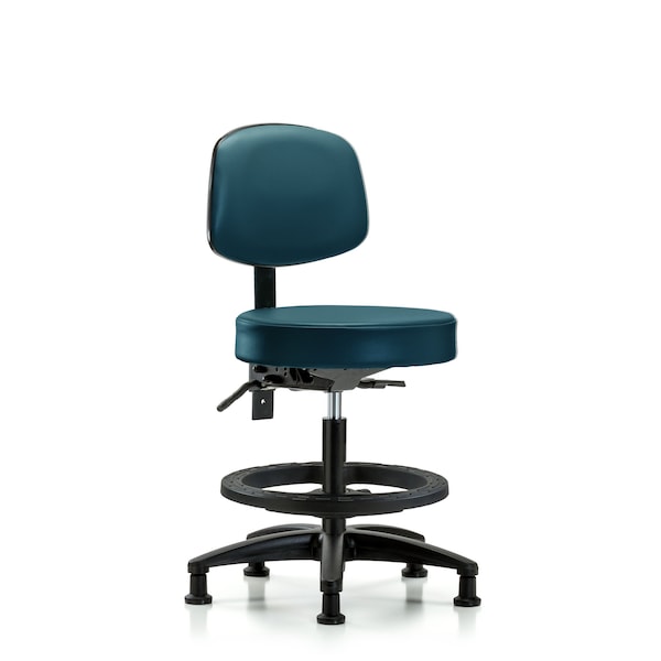 Blue Ridge Ergonomics VMBST-RG-T0-BF-RG-8801 Rutledge Vinyl Stool with Back - Medium Bench Height with Black Foot Ring & Stationary Glides in Marine Blue Supernova™ Vinyl