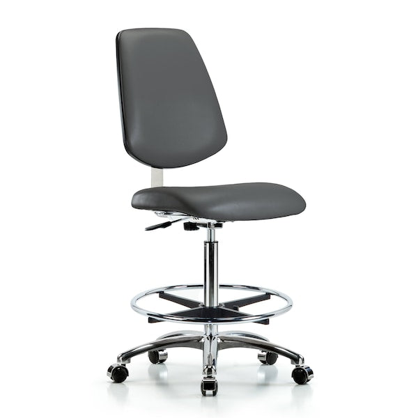 Blue Ridge Ergonomics CLR-VHBCH-MB-CR-CF-CC-8823 Class 10 Clean Room Vinyl Chair Chrome - High Bench Height with Medium Back, Chrome Foot Ring, & Casters in Carbon Supernova™ Vinyl