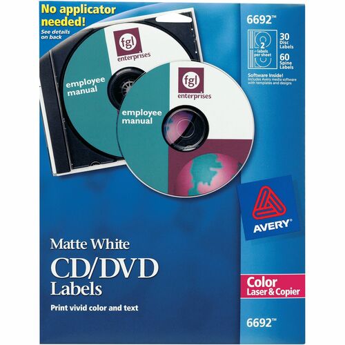 Avery® AVE6692 Cd/Dvd Label - Permanent Adhesive Length - 2 / Sheet - Circle - Laser, Inkjet - White - 30 / Pack