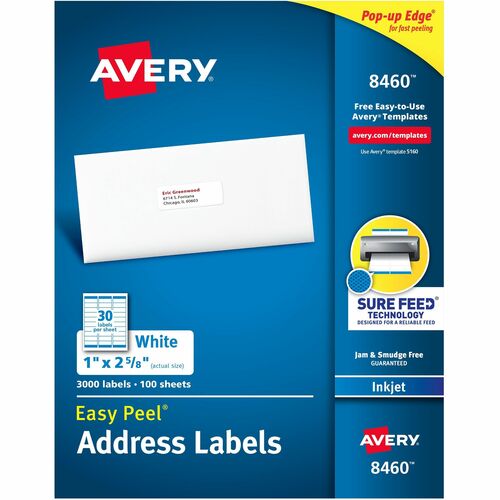Avery® AVE8460 Easy Peel Mailing Label - Permanent Adhesive - 1" Width X 2.62" Length - 30 / Sheet - Rectangle - Inkjet - White - 3000 / Box