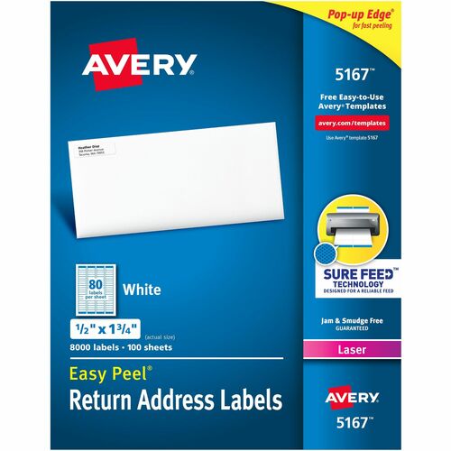 Avery® AVE5167 Easy Peel Address Label - Permanent Adhesive - 0.50" Width X 1.75" Length - 80 / Sheet - Rectangle - Laser - White - 8000 / Box
