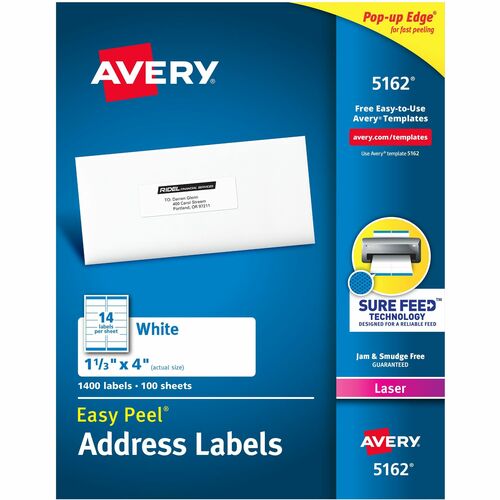 Avery® AVE5162 Easy Peel Address Label - Permanent Adhesive - 1.33" Width X 4" Length - 14 / Sheet - Rectangle - Laser - White - 1400 / Box