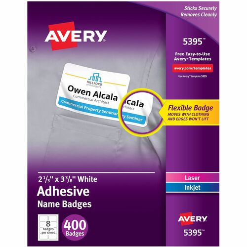 Avery® AVE5395 Name Badge Label - Removable Adhesive - "2.33" Width X 3.37" Length - 8 / Sheet - Rectangle - Laser, Inkjet - White - Paper - 400 / Box