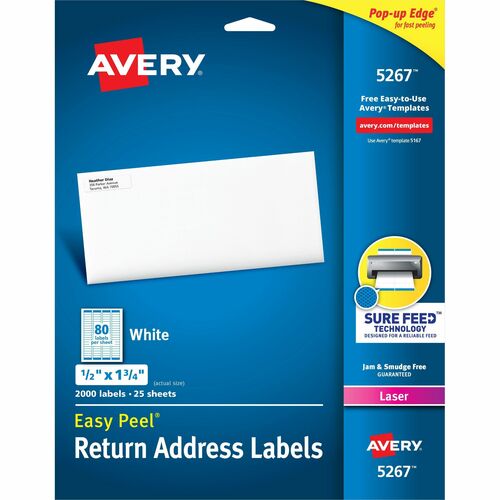 Avery® AVE5267 Easy Peel Address Label - Permanent Adhesive - 0.50" Width X 1.75" Length - 80 / Sheet - Rectangle - Laser - White - 2000 / Pack