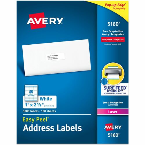 Avery® AVE5160 Easy Peel Address Label - Permanent Adhesive - 1" Width X 2.62" Length - 30 / Sheet - Rectangle - Laser - White - 3000 / Box