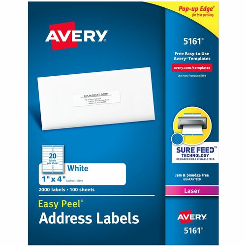 Avery® AVE5161 Easy Peel Address Label - Permanent Adhesive - 1" Width X 4" Length - 20 / Sheet - Rectangle - Laser - White - 2000 / Box
