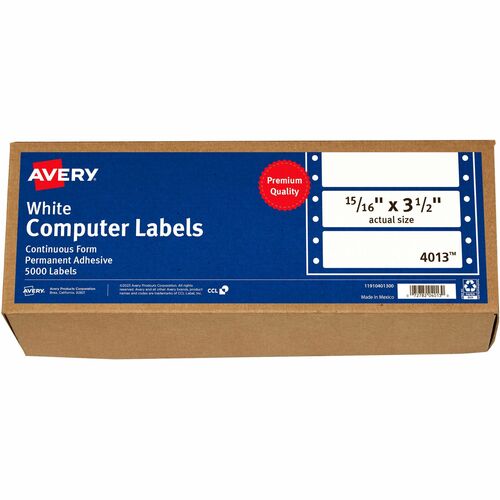 Avery® AVE4013 Continuous Form Computer Labels - Permanent Adhesive - 3.50" Width X 0.94" Length, 4.25" Length - Rectangle - Dot Matrix - White - 5000 / Box