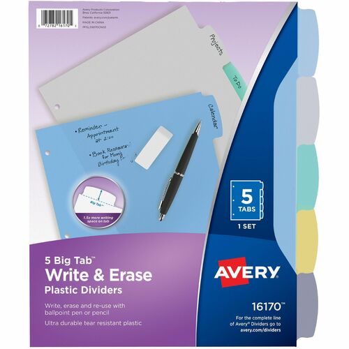 Avery® AVE16170 Big Tab Write & Erase Plastic Dividers, 5 tabs, 1 set