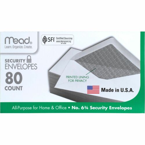 Mead MEA75212 Security Envelope - Security - #6 3/4 - 6.50" Width X 3.63" Length - 20 Lb - Gummed - Wove - 80 / Box - White
