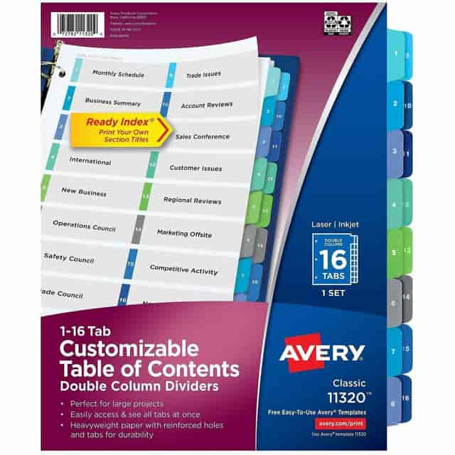 Avery® AVE11320 Double Column Index Divider - 16 Printed Tab(S) - Digit - 1-16 - 16 Tab(S)/Set - 8.50" Divider Width X 11" Divider Length - Letter - 3 Hole Punched - Multicolor Tab(S) - 16 / Set