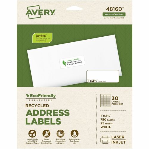 Avery® AVE48160 Mailing Label - Permanent Adhesive - "1" Width X 2.62" Length - 30 / Sheet - Rectangle - Laser, Inkjet - White - Paper