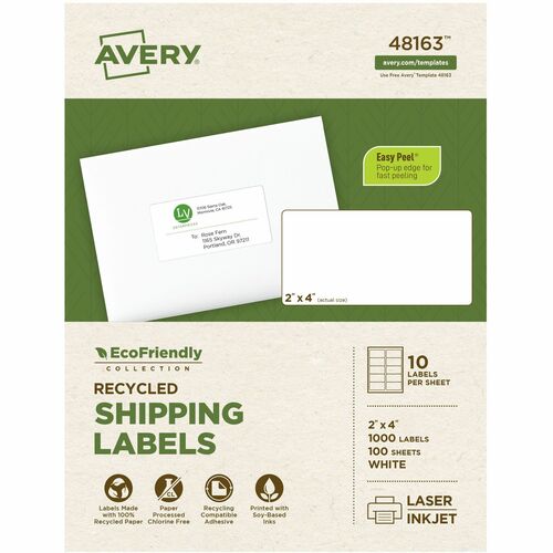 Avery® AVE48163 Mailing Label - Permanent Adhesive - "2" Width X 4" Length - 100 / Sheet - Rectangle - Laser, Inkjet - White - Paper - 100 / Box