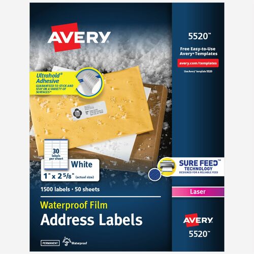 Avery® AVE5520 Weather Proof Mailing Label - Permanent Adhesive - "1" Width X 2.62" Length - 30 / Sheet - Rectangle - Laser - White - Polyester - 1500 / Pack