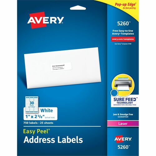 Avery® AVE5260 Easy Peel Address Labels - Permanent Adhesive - 1" Width X 2.62" Length - 30 / Sheet - Rectangle - Laser - White - 750 / Pack