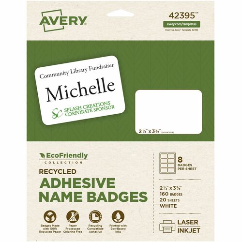 Avery® AVE42395 Ecofriendly Name Badge Labels - Permanent/Water Based Adhesive - "2.33" Width X 3.38" Length - 8 / Sheet - Rectangle - Inkjet, Laser - White - Paper - 160 / Pack