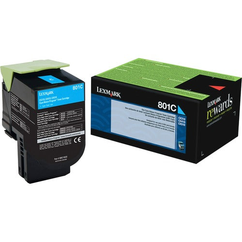 Lexmark LEX80C10C0 801C Cyan Return Program Toner Cartridge - Laser - Standard Yield - 1000 Page Cyan - 1 Each