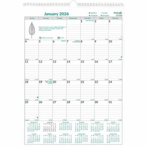 Brownline REDC171103 EcoLogix Monthly Wall Calendar, Twin-Wire Binding, 100% Recycled