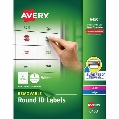 Avery® AVE6450 Removable Laser/Inkjet Id Labels - Removable Adhesive - 1" Diameter - 63 / Sheet - Round - Laser, Inkjet - White - 945 / Pack