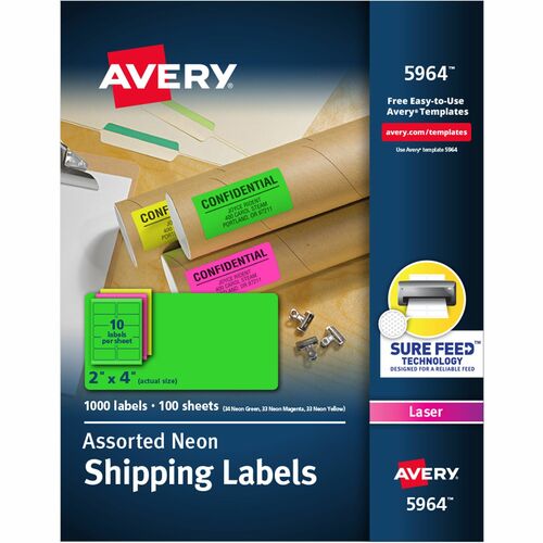 Avery® AVE5964 High-Visibility Neon Shipping Labels - Permanent Adhesive - "4" Width X 2" Length - 10 / Sheet - Rectangle - Laser - Neon Magenta, Neon Green, Neon Yellow - Paper - 1000 / Box