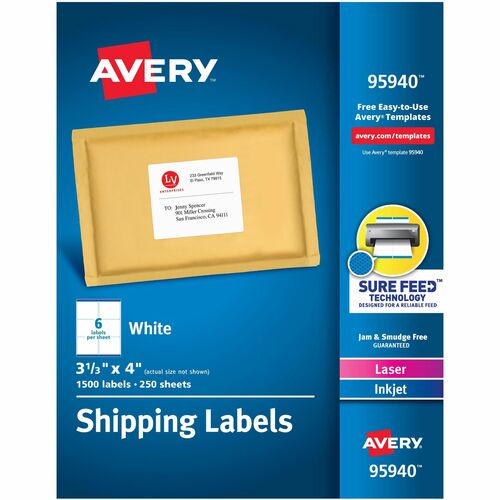 Avery® AVE95940 Laser Inkjet Printer White Shipping Labels - Permanent Adhesive - "3.33" Width X 4" Length - 6 / Sheet - Rectangle - Laser, Inkjet - White - Paper - 1500 / Box
