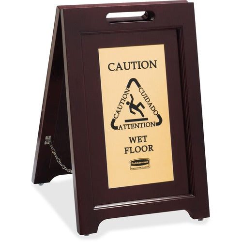 Rubbermaid Commercial RCP1867507 Brass Plaque Wooden Caution Sign