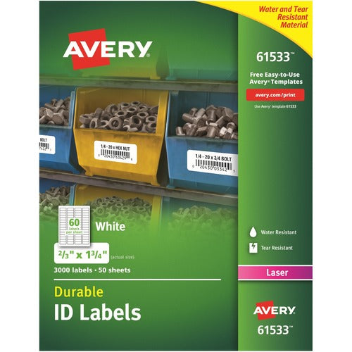 Avery® AVE61533 Durable Id Labels - Permanent Adhesive - 3000 Label(S)" - 0.67" Width X 1.75" Length - 60 / Sheet - Rectangle - Laser - White - Polyester - 50 Sheet