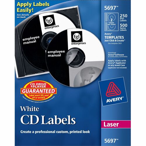 Avery® AVE5697 Cd/Dvd And Jewel Case Spine Label - Removable Adhesive Length - 2 / Sheet - Circle - Laser - White - 250 / Pack
