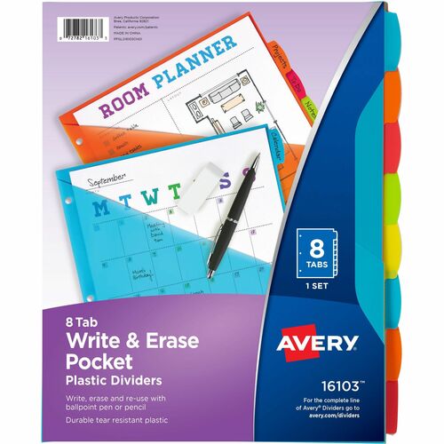 Avery® AVE16103 Avery® Write & Erase 8-Tab Plastic Dividers, Pockets, Brights (16103)
