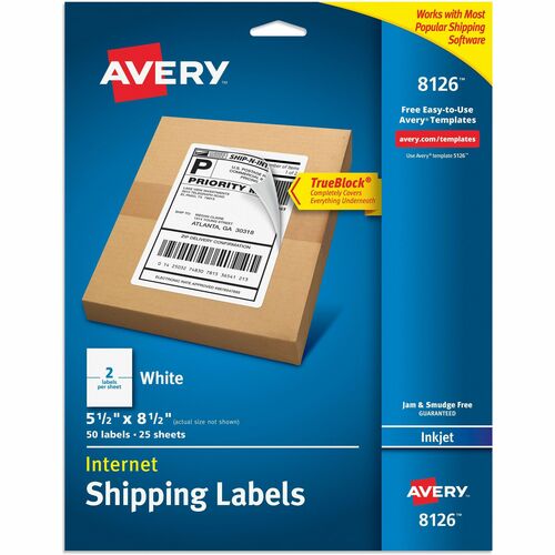Avery® AVE8126 Inkjet Shipping Labels - Permanent Adhesive - 5.50" Width X 8.50" Length - 2 / Sheet - Rectangle - Inkjet - White - 50 / Pack