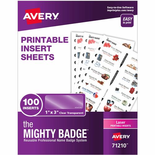 The Mighty Badge® by Avery® AVE71210 The Mighty Badge® by Avery® The Mighty Badge Printable Insert Sheets, 100 Clear Inserts, Laser