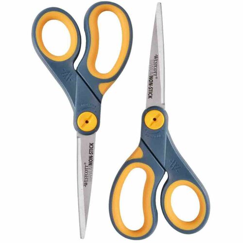 Westcott ACM16550 Titanium Bonded Non-Stick Scissors, 8" , Pointed, Gray/Yellow, Pack Of 2