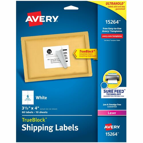 Avery® AVE15264 Avery® Shipping Labels, Sure Feed, 3-1/3" x 4" , 60 White Labels (15264)