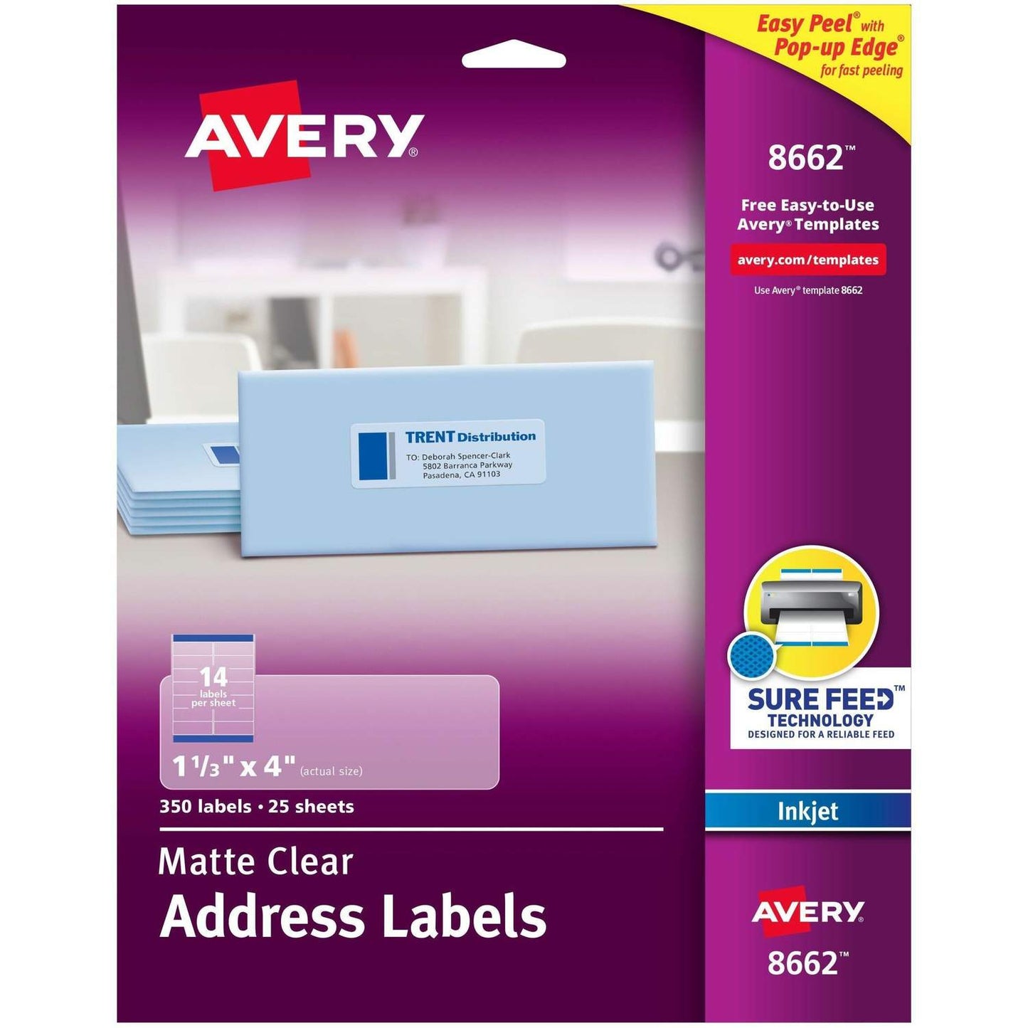 Avery® AVE8662 Easy Peel Mailing Label - Permanent Adhesive - 1.33" Width X 4" Length - 14 / Sheet - Rectangle - Inkjet - Clear - 350 / Pack