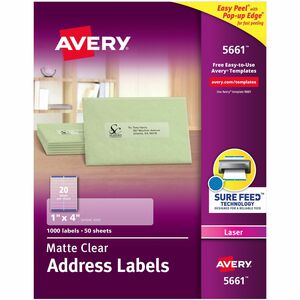 Avery® AVE5661 Easy Peel Mailing Label - Permanent Adhesive - 1" Width X 4.12" Length - 20 / Sheet - Rectangle - Laser, Inkjet - Clear - 1000 / Box
