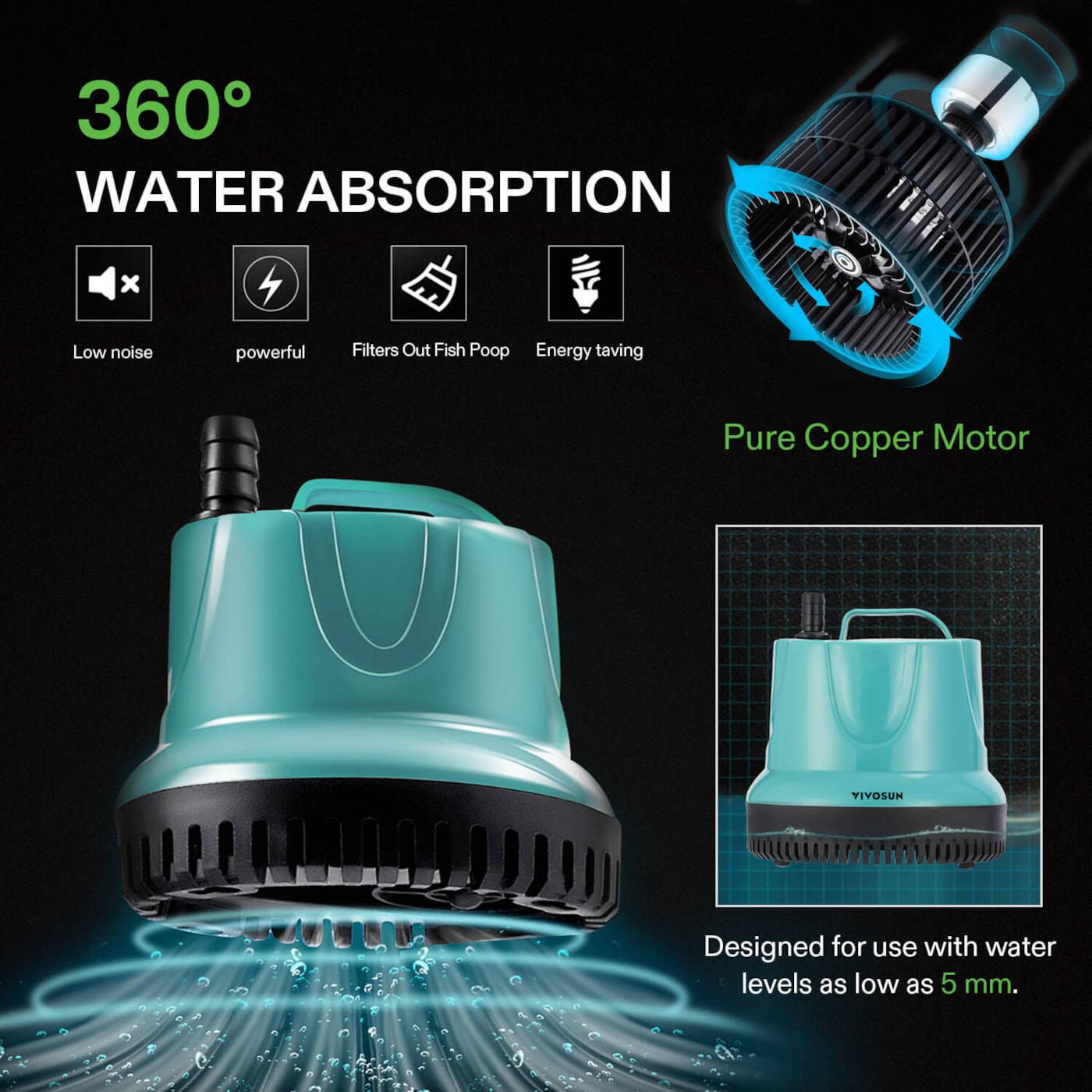 Vivosun 850GPH 60W Submersible Pump for Fish Tank, Pond, Aquarium, Hydroponic Systems with 5ft Power Cord and 4 Nozzles