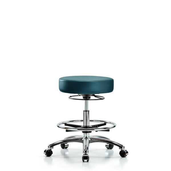Blue Ridge Ergonomics VMBSO-CR-CF-CC-8801 Rutledge Vinyl Stool without Back Chrome - Medium Bench Height with Chrome Foot Ring & Casters in Marine Blue Supernova™ Vinyl