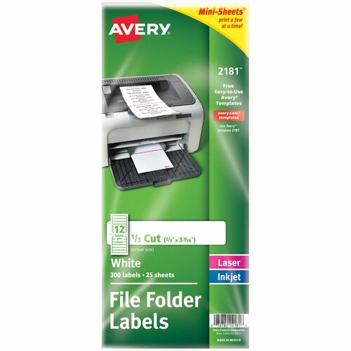 Avery® AVE2181 Filing Mini-Sheet Label - Permanent Adhesive - 0.66" Width X 3.43" Length - 12 / Sheet - Rectangle - Inkjet, Laser - White - 300 / Pack
