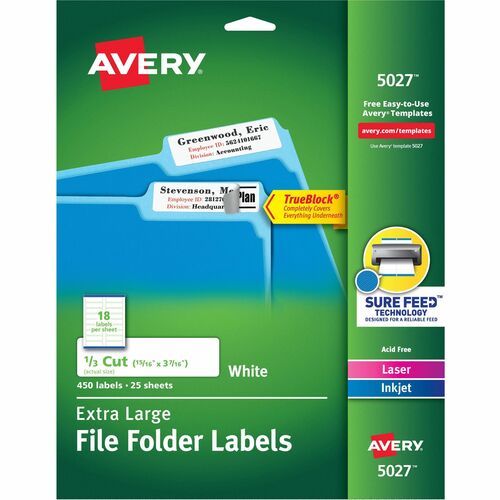 Avery® AVE5027 Extra Large Filing Label - Permanent Adhesive - 0.93" Width X 3.43" Length - 18 / Sheet - Rectangle - Laser, Laser - White - 450 / Pack