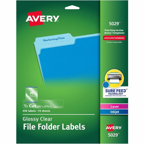 Avery® AVE5029 Filing Label - Permanent Adhesive - 0.66" Width X 3.43" Length - 30 / Sheet - Rectangle - Inkjet, Laser - Clear - 450 / Pack