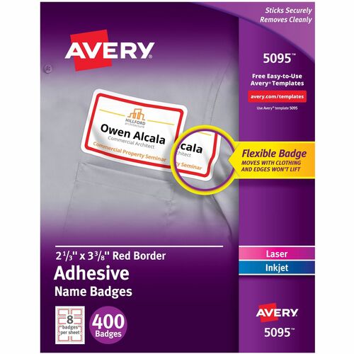 Avery® AVE5095 Printer Name Badges - Removable Adhesive - 2.33" Width X 3.37" Length - 8 / Sheet - Rectangle - Laser, Inkjet - Red - 400 / Box