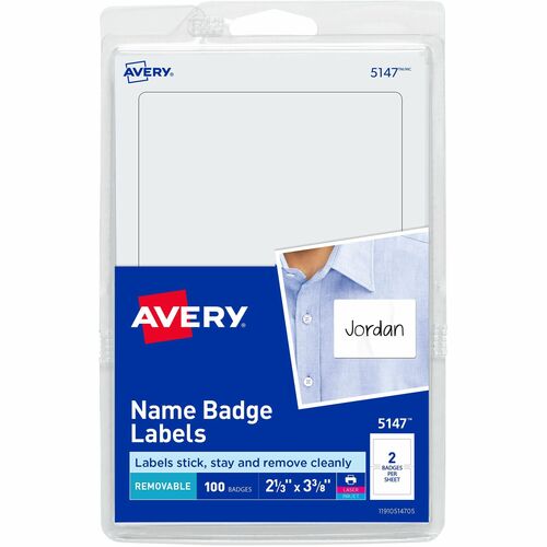 Avery® AVE5147 Name Badge Label - Removable Adhesive - 2.34" Width X 3.37" Length - 2 / Sheet - Rectangle - Laser, Inkjet - White - 100 / Pack